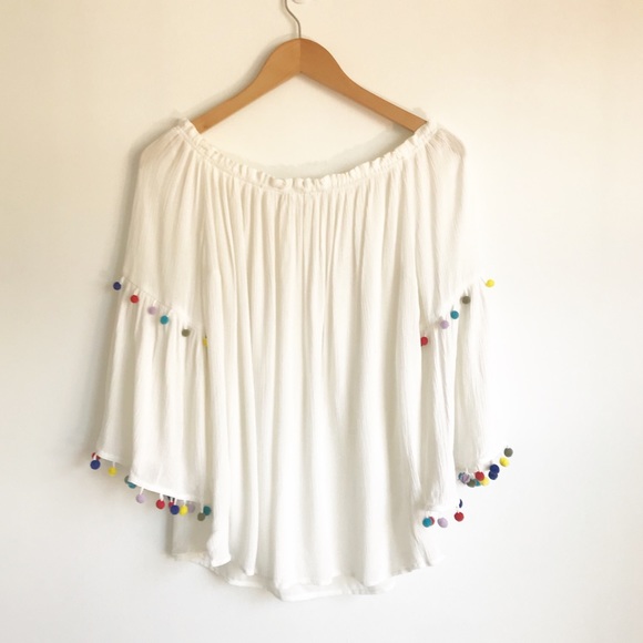 SHEIN White Pom Pom Boho Off Shoulder Blouse - Picture 5 of 7